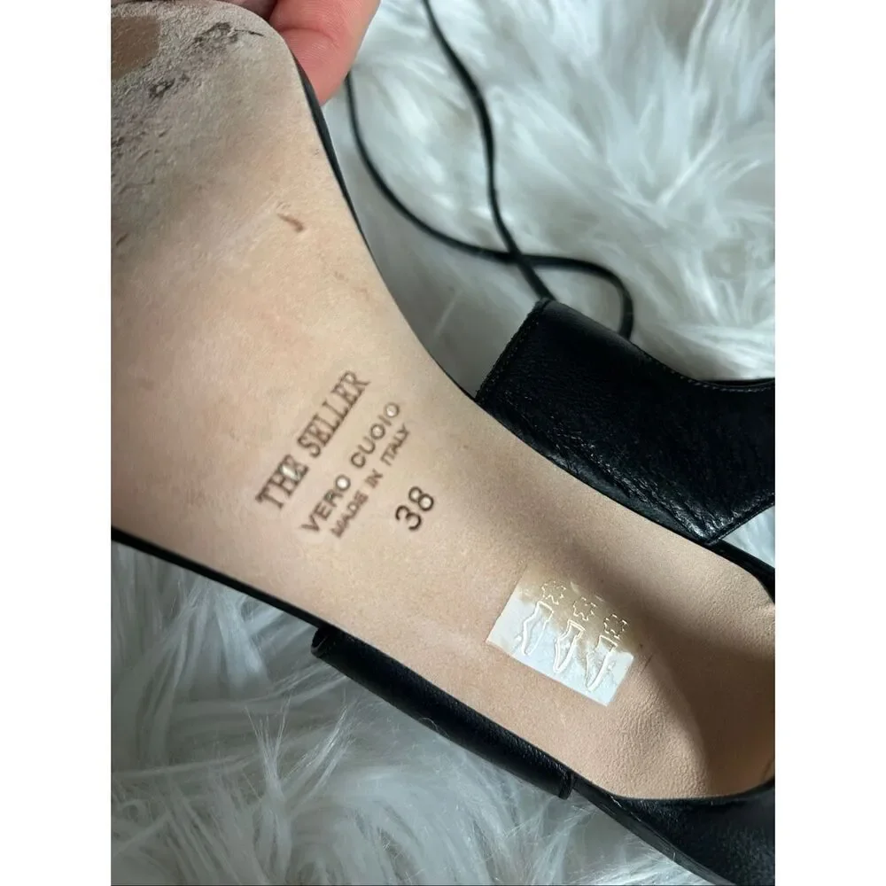 The seller vero cuoio black straps heels with long straps size 38 or 7.5 open to